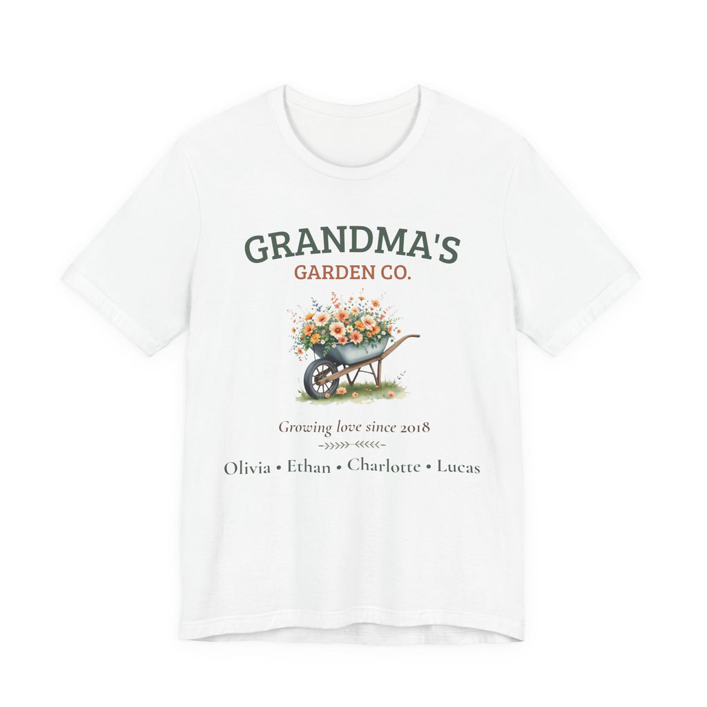 Personalized Grandma's Garden Co. t-shirt with a floral wheelbarrow design and custom grandkids' names