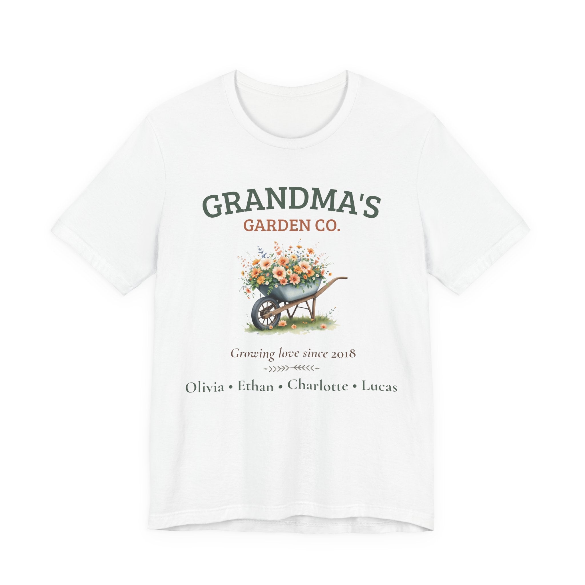 Personalized Grandma's Garden Co. t-shirt with a floral wheelbarrow design and custom grandkids' names