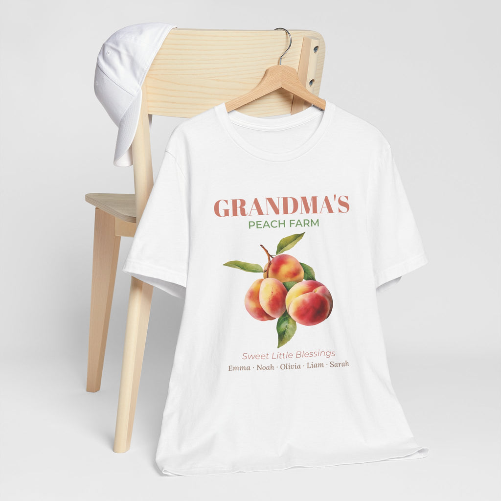 Grandma's Peach Farm cotton t-shirt styled in a cozy home setting