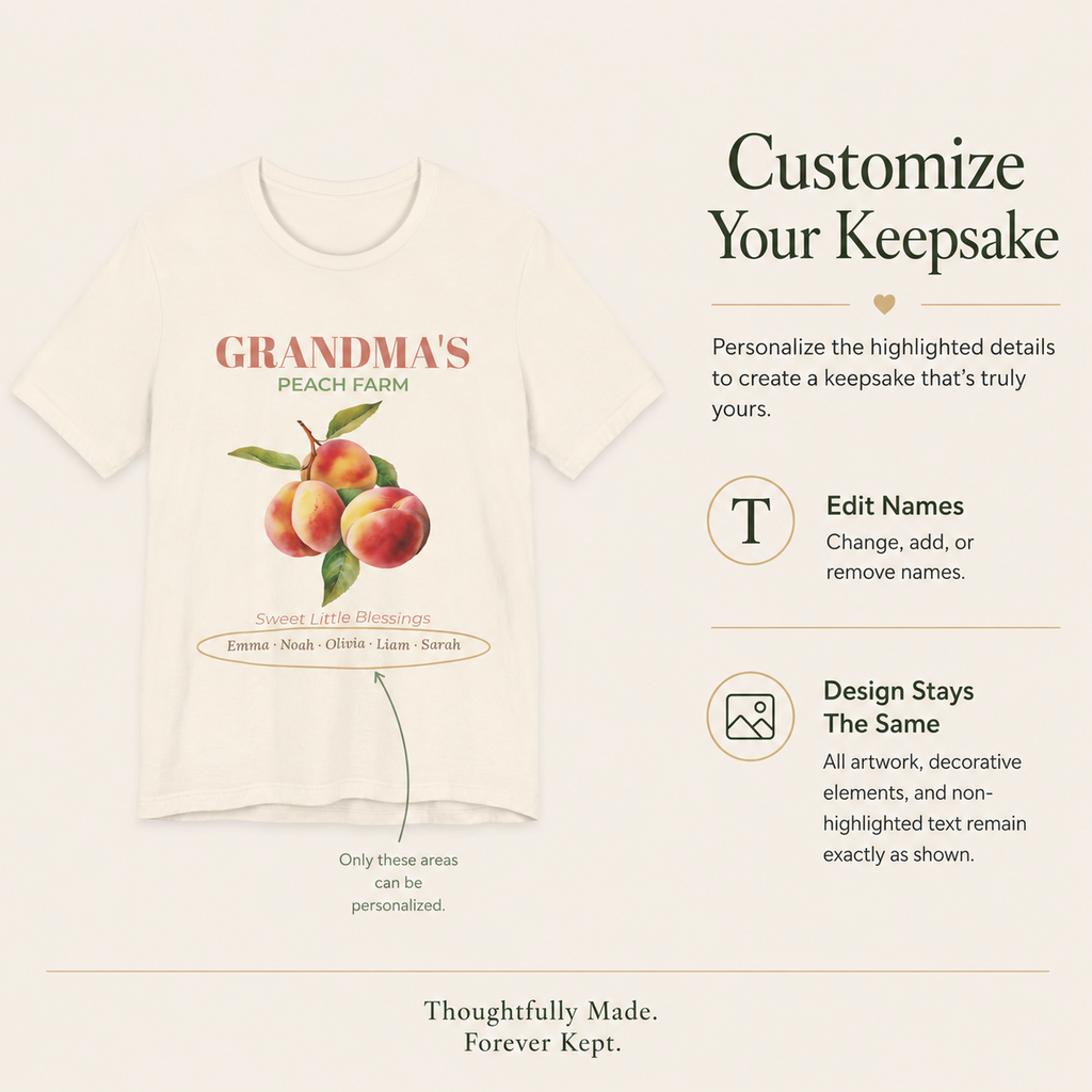 Grandma's Peach Farm personalized tee displayed on a hanger