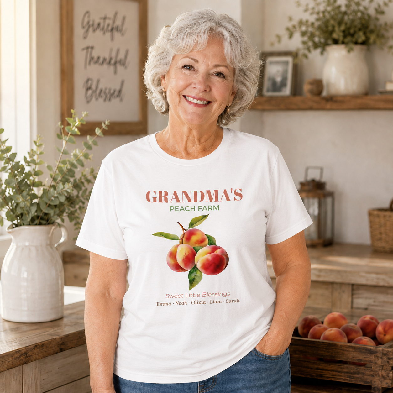 Grandma's Peach Farm personalized tee shown on a model