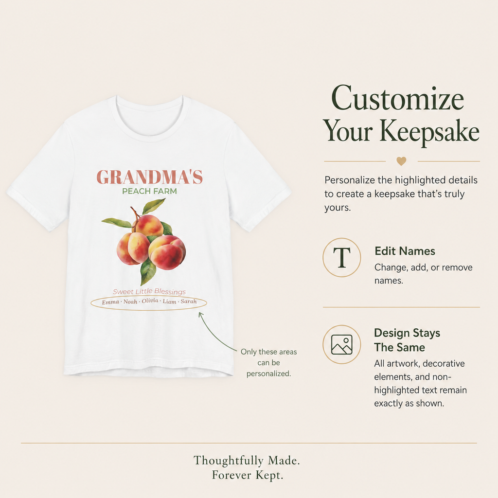 Detail of the personalized text on the Grandma's Peach Farm tee