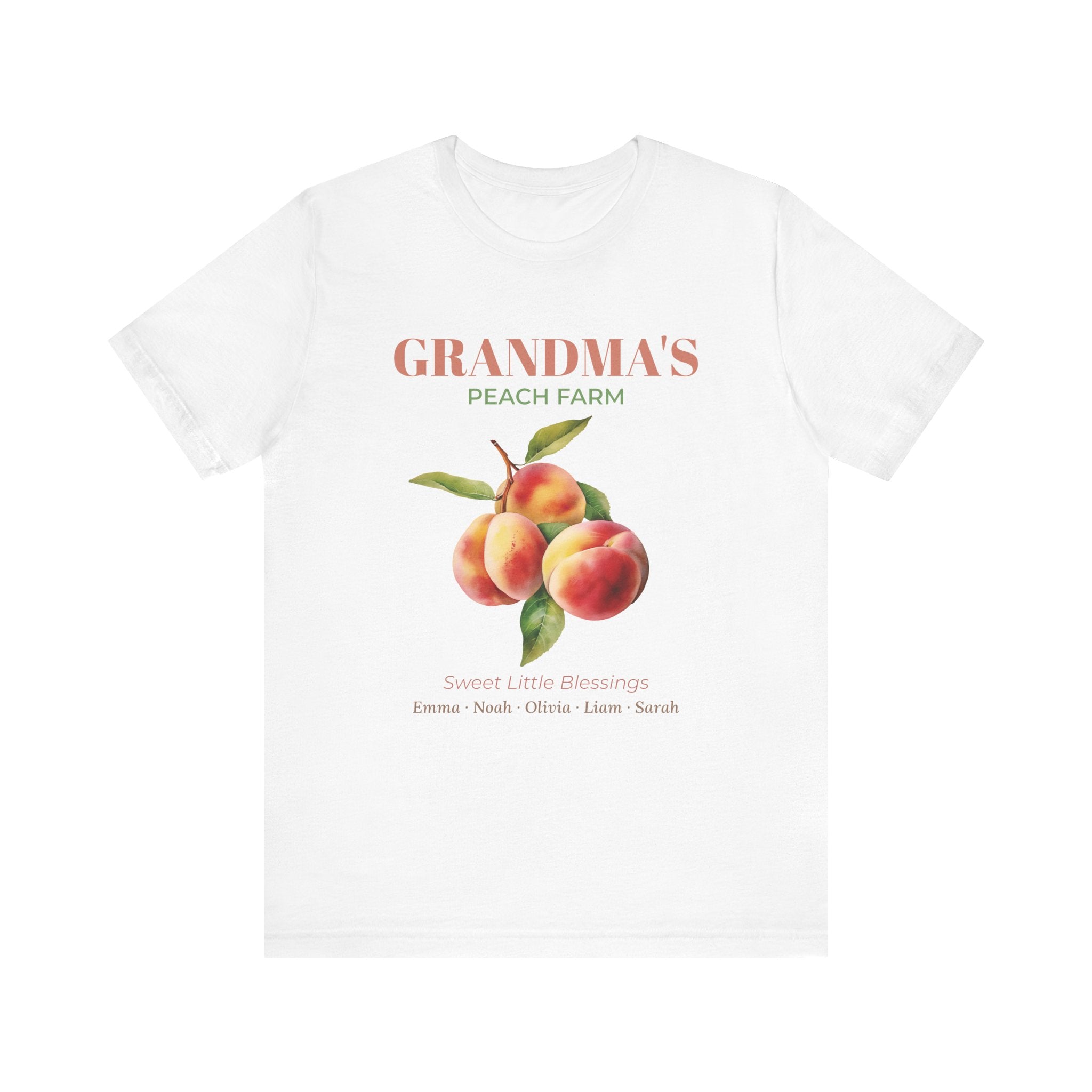 Personalized Grandma's Peach Farm t-shirt with a watercolour peach design, 'Sweet Little Blessings' and grandkids' names