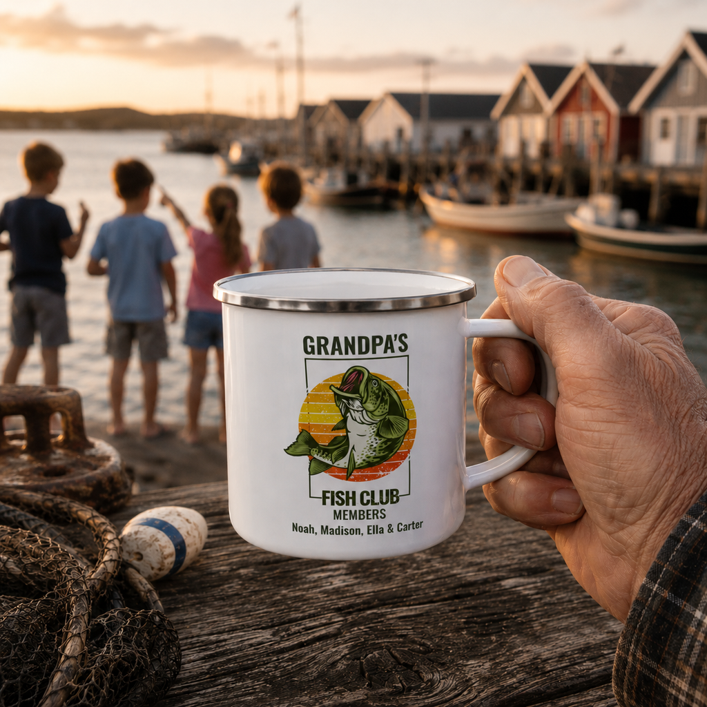 Personalized grandkids' names customization preview on the Grandpa's Fish Club mug