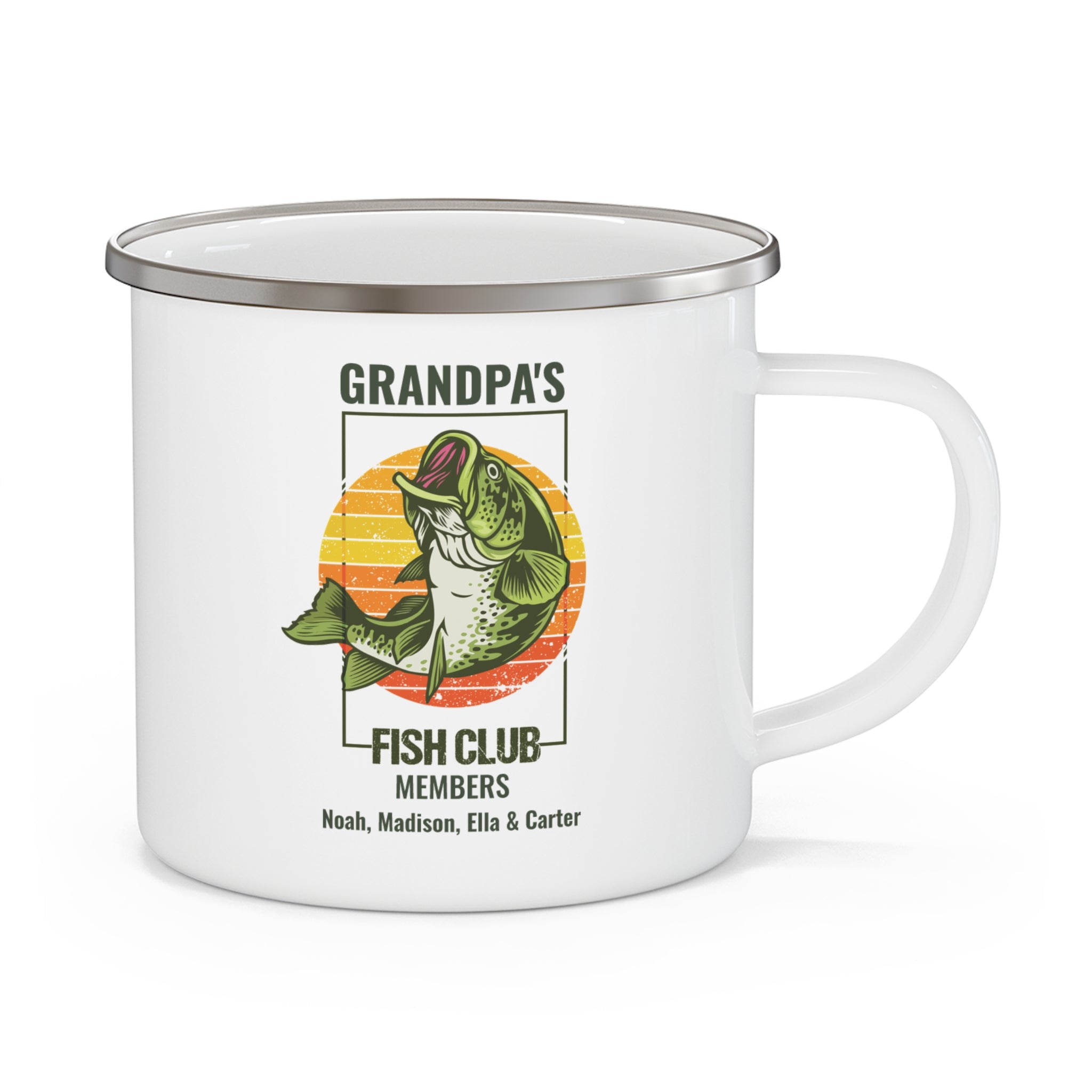 Grandpa's Fish Club personalized white enamel mug with retro sunset bass design
