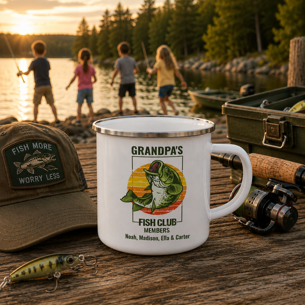 Grandpa's Fish Club enamel mug mockup showing design placement