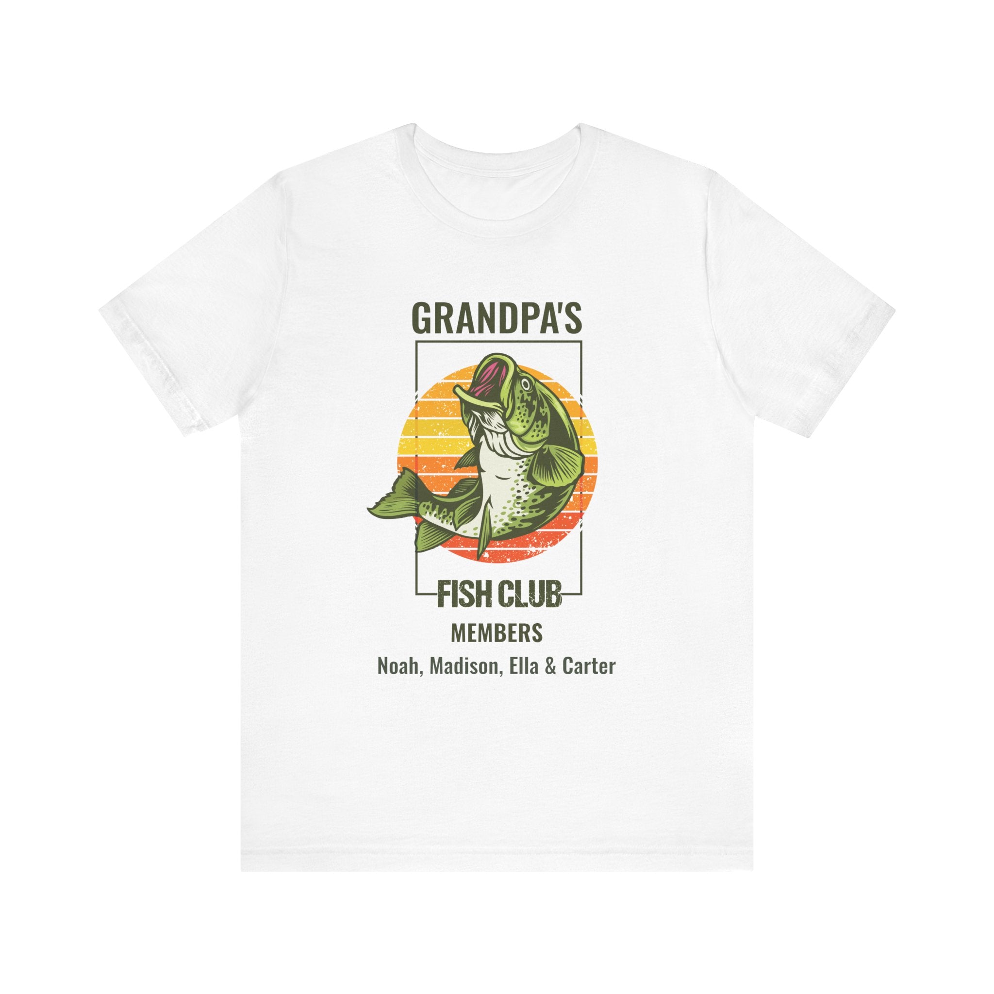 Grandpa's Fish Club personalized white t-shirt with retro bass graphic and family member names