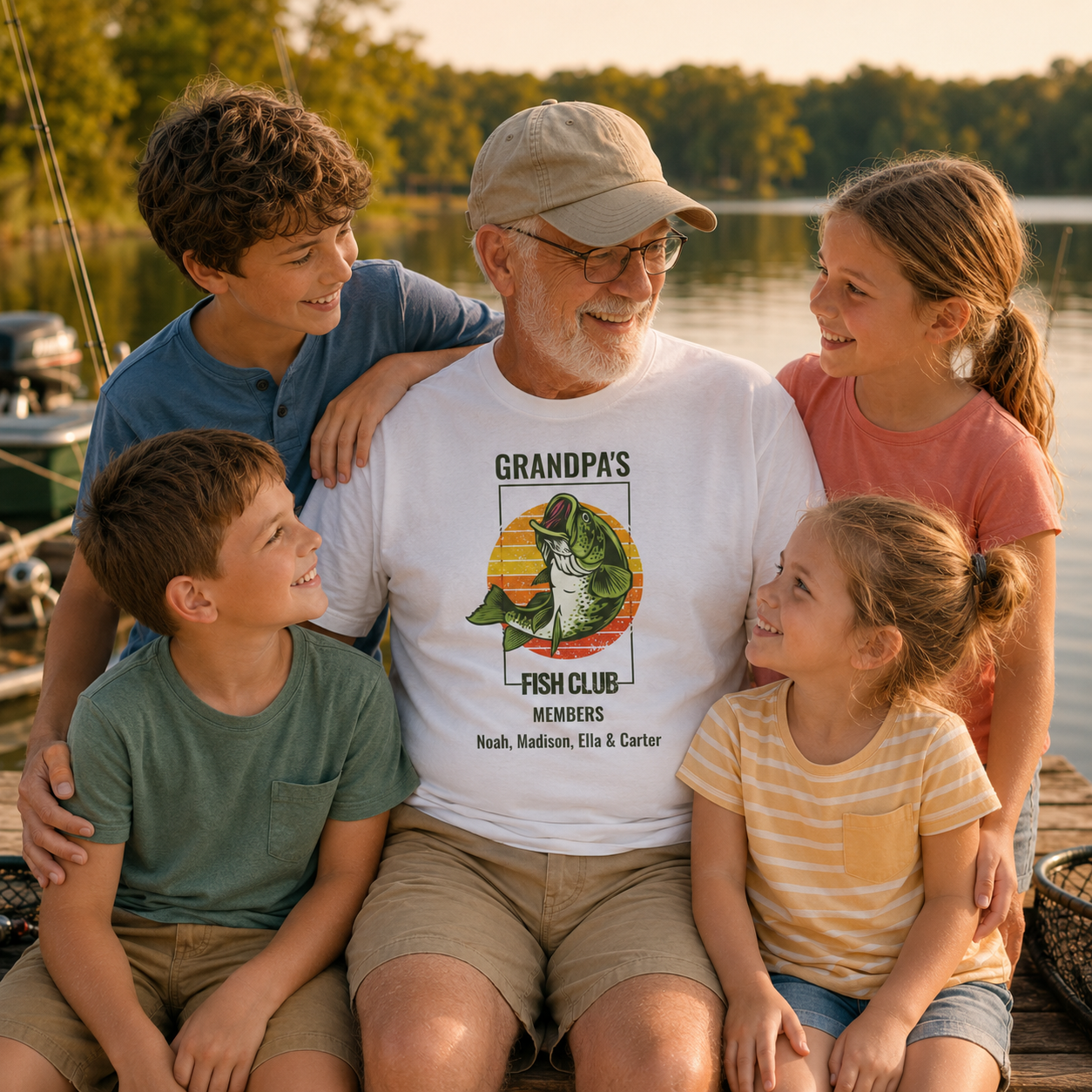 Back view of Grandpa's Fish Club personalized white t-shirt