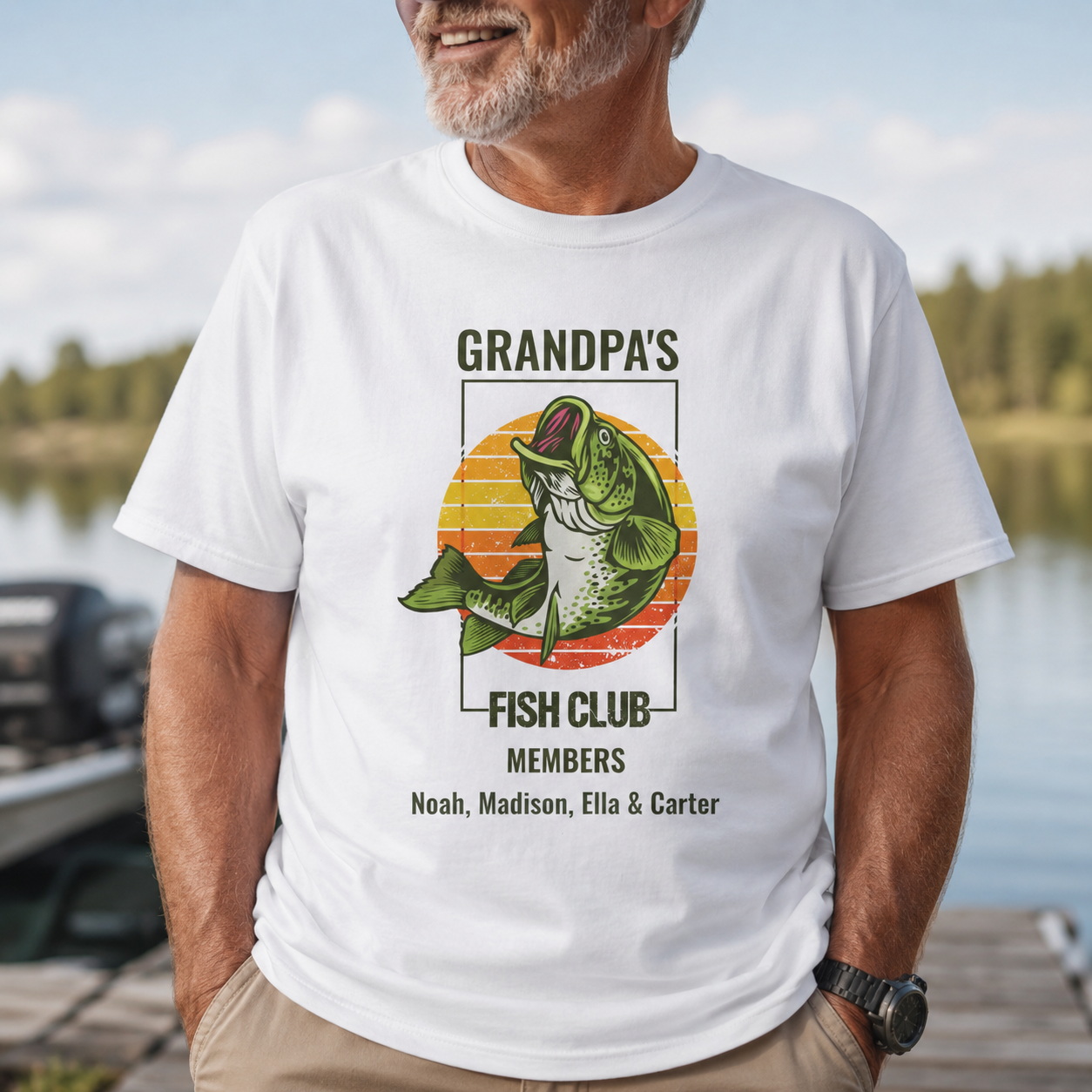 Close-up of retro bass fishing graphic with personalized family names print