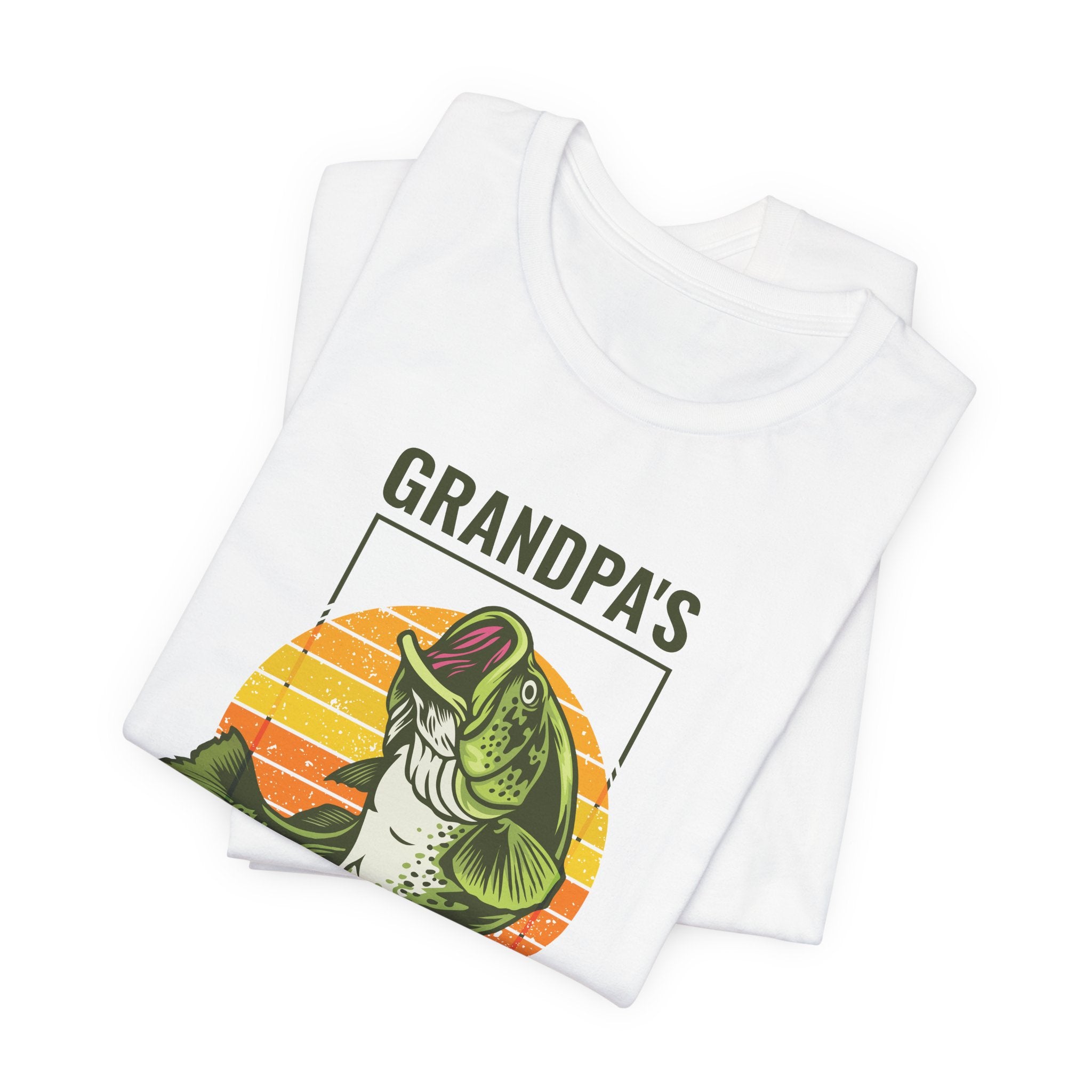 Model wearing Grandpa's Fish Club personalized t-shirt at the lake