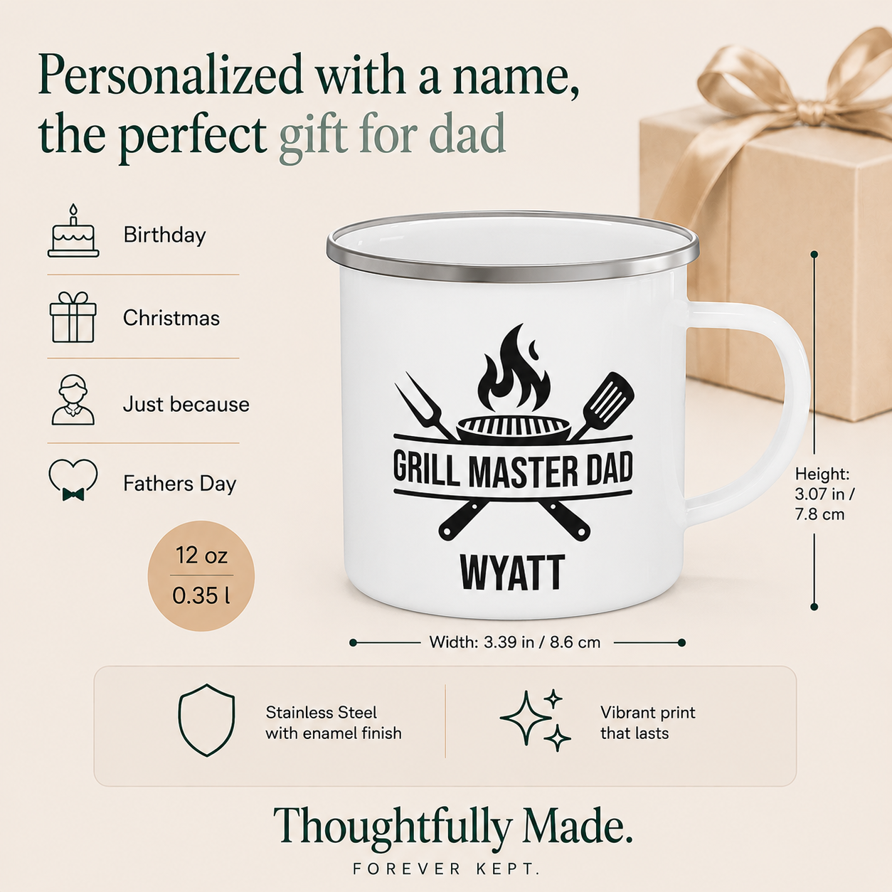 Close-up of the Grill Master Dad mug enamel finish and metal rim