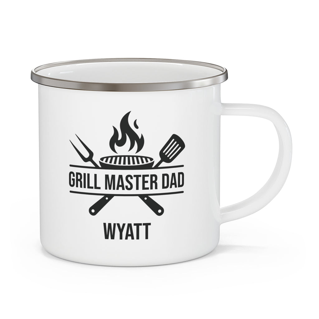 Grill Master Dad personalized white enamel mug with BBQ tools design