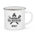 Grill Master Dad personalized white enamel mug with BBQ tools design