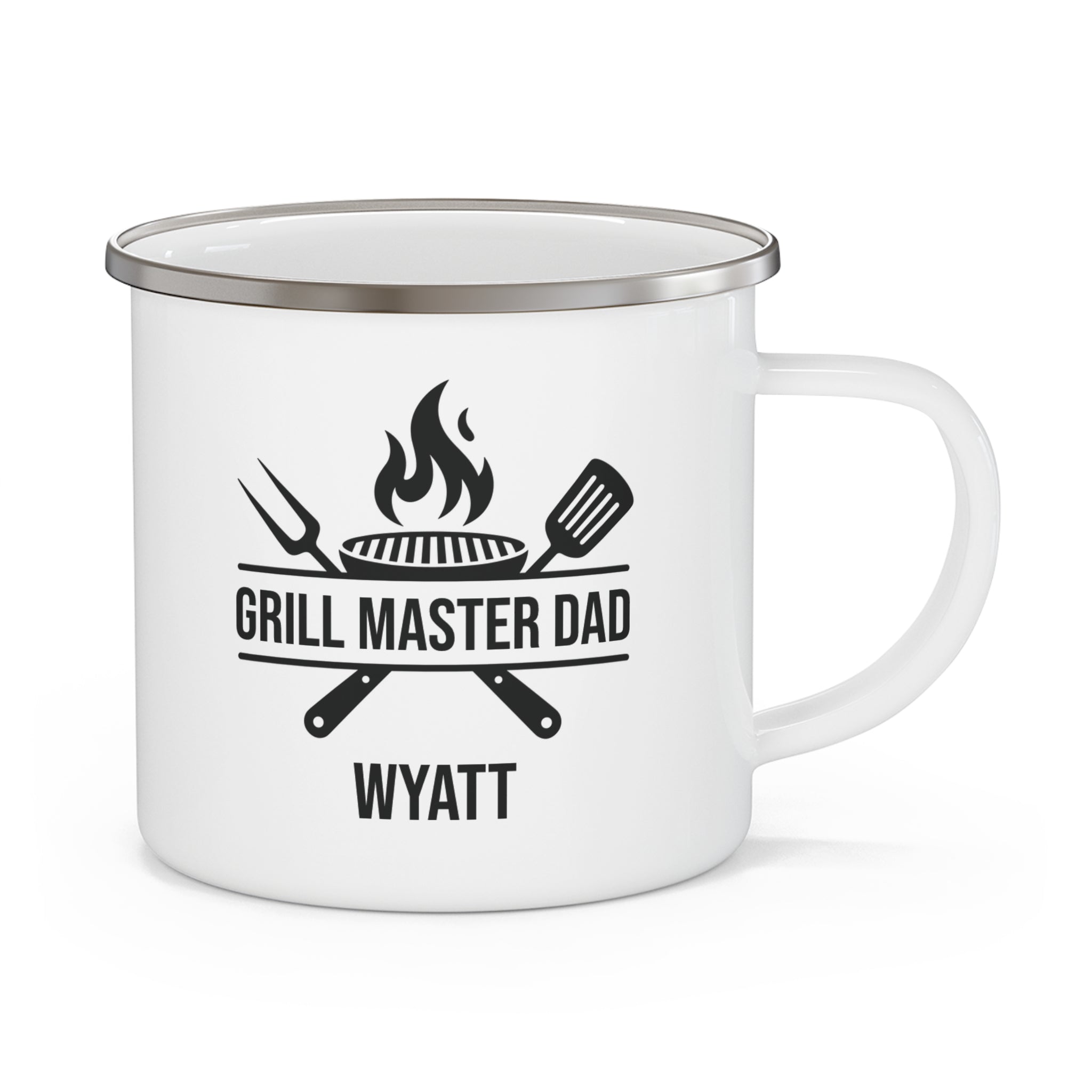 Grill Master Dad personalized white enamel mug with BBQ tools design