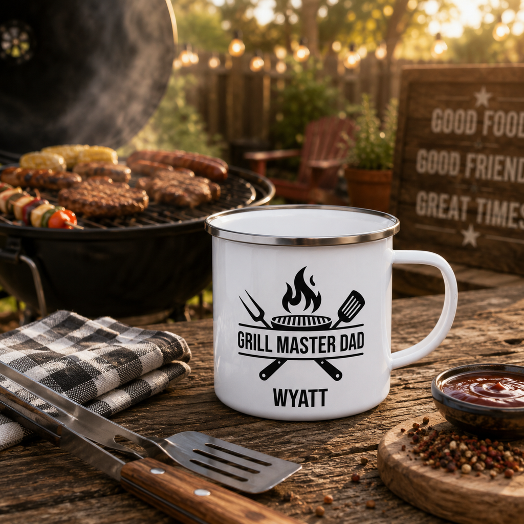 Grill Master Dad enamel mug mockup showing design placement