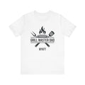 Grill Master Dad personalized white t-shirt with flame and BBQ tools graphic