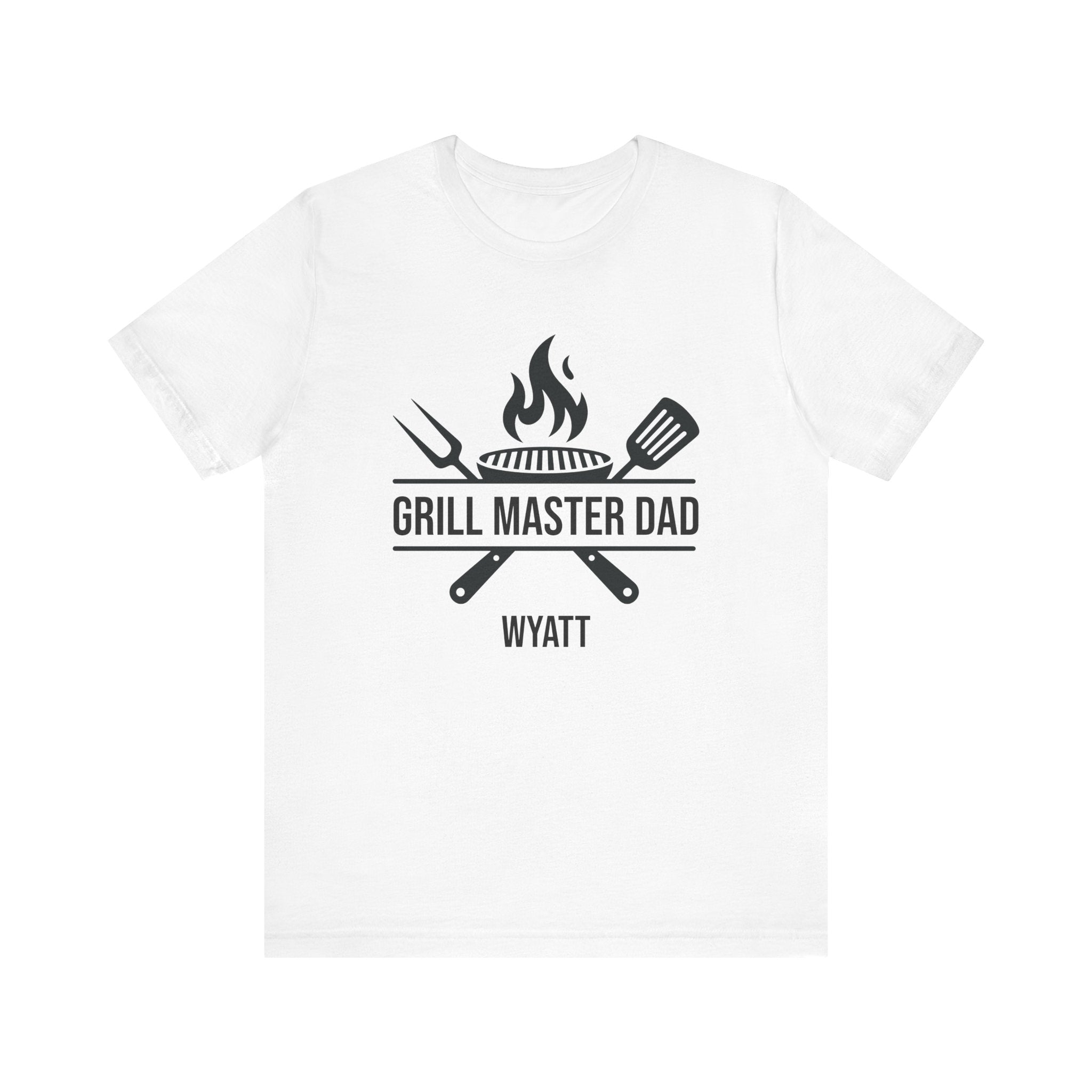 Grill Master Dad personalized white t-shirt with flame and BBQ tools graphic