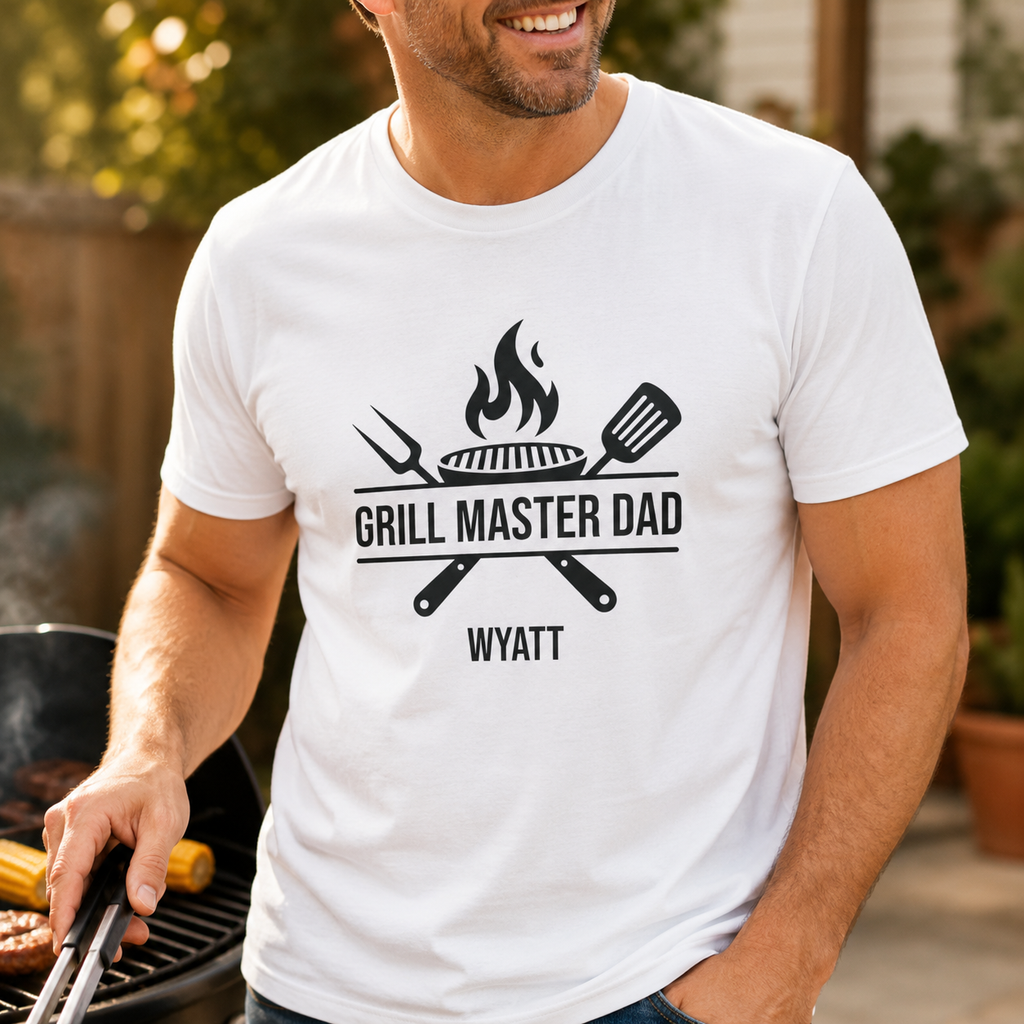 Back view of Grill Master Dad personalized white t-shirt