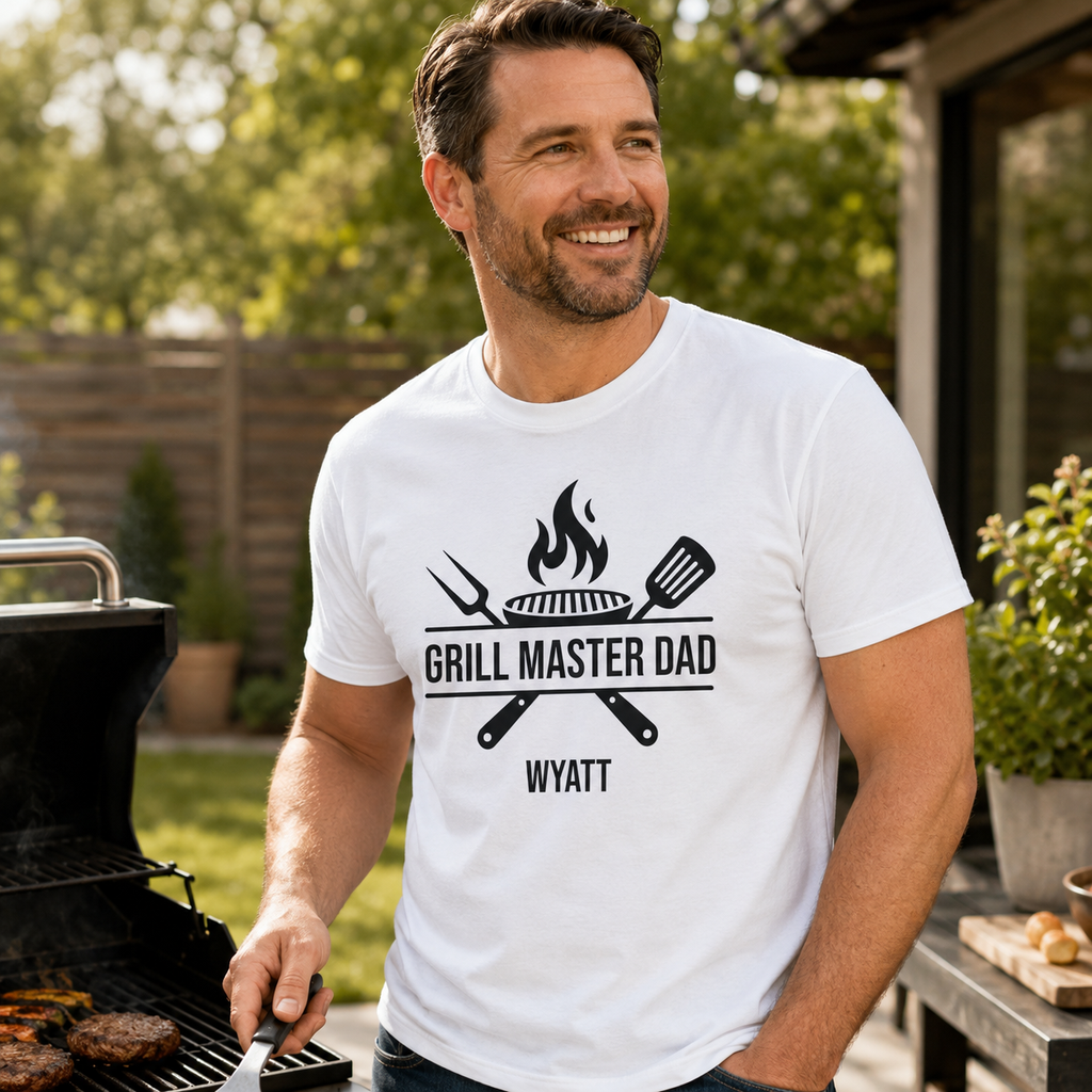 Close-up of flame and grill tools graphic with Dad's personalized name print
