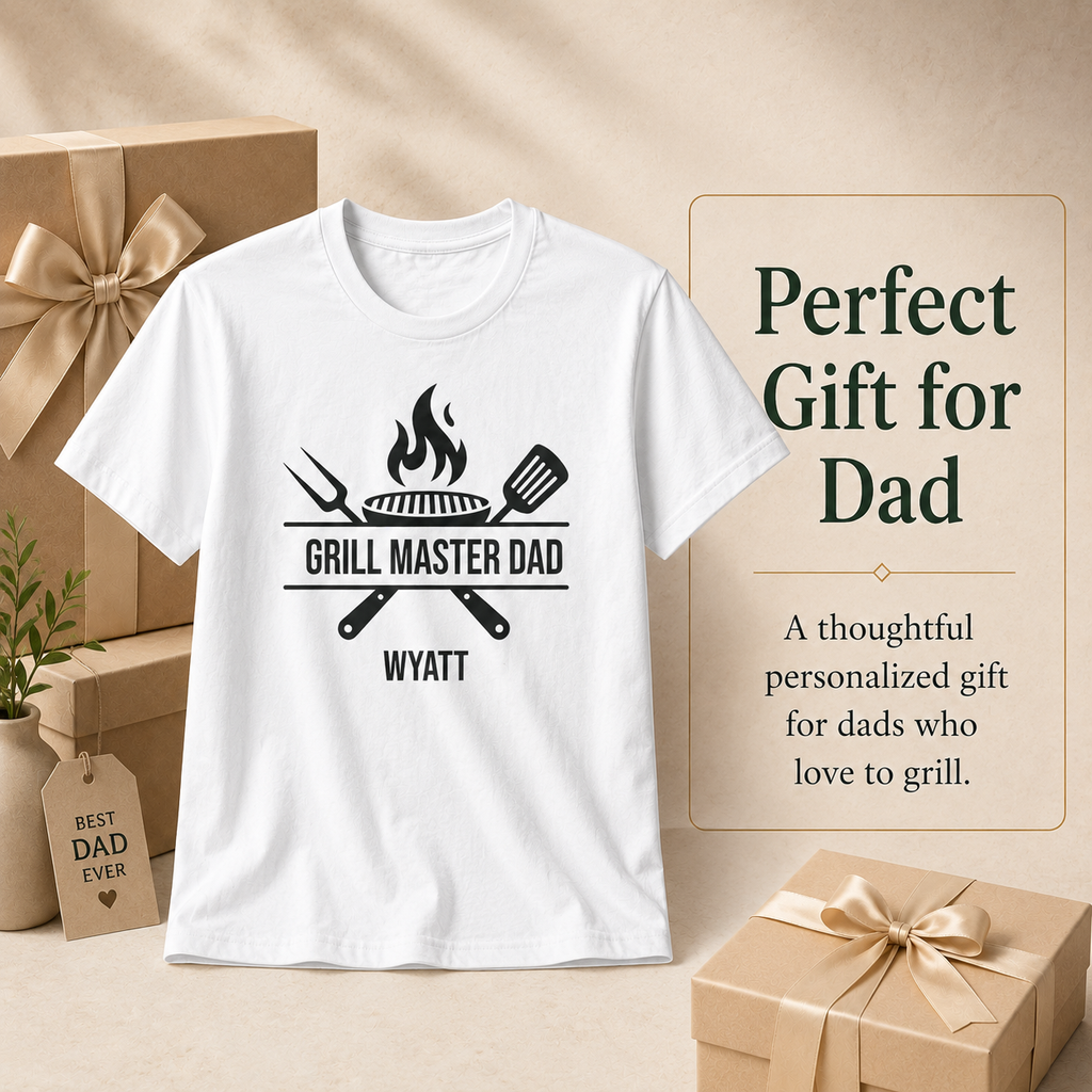 Folded Grill Master Dad personalized t-shirt showing size and fit