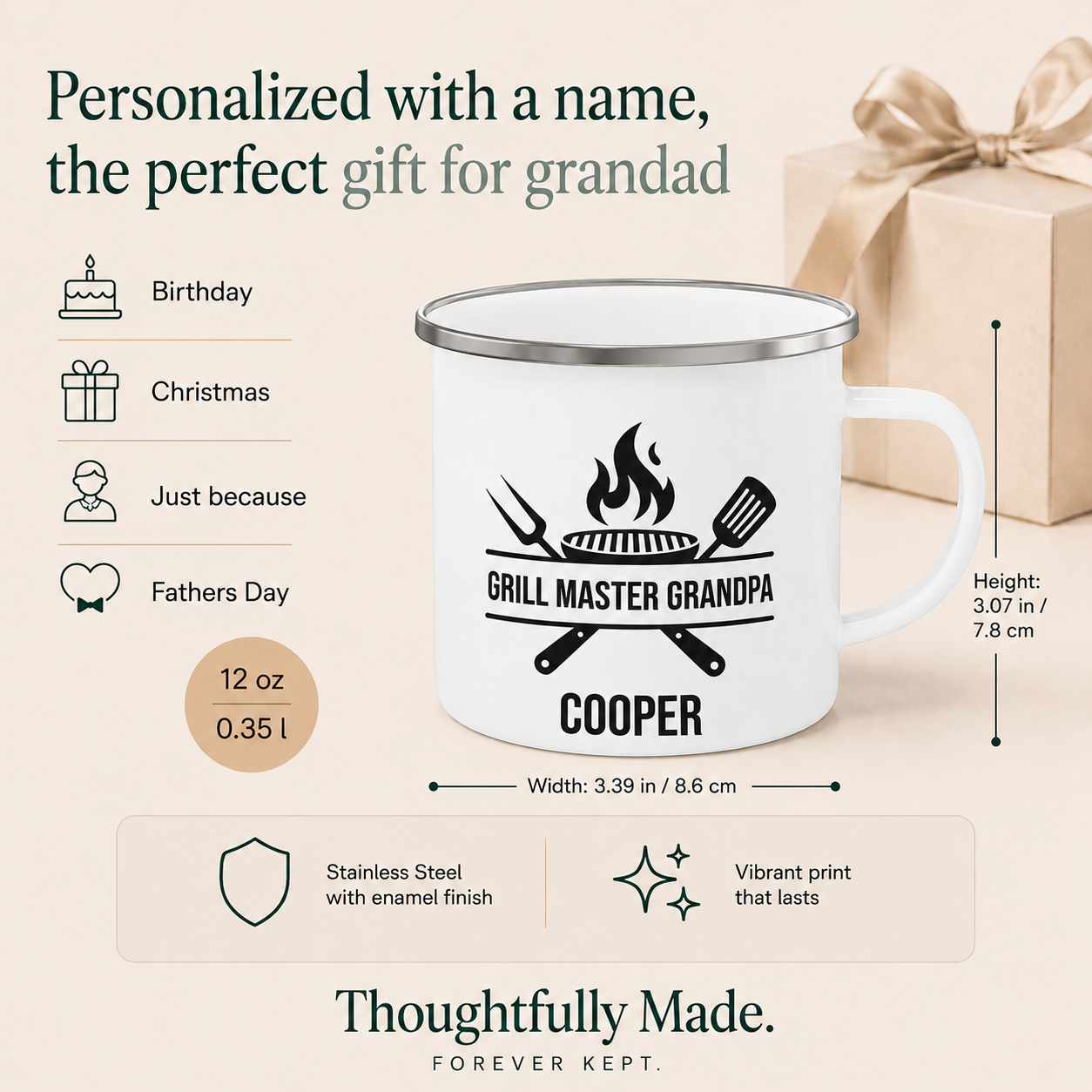 Close-up of the Grill Master Grandpa mug enamel finish and metal rim