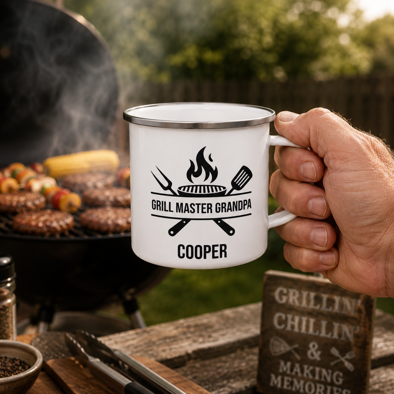 Personalized name customization preview on the Grill Master Grandpa mug