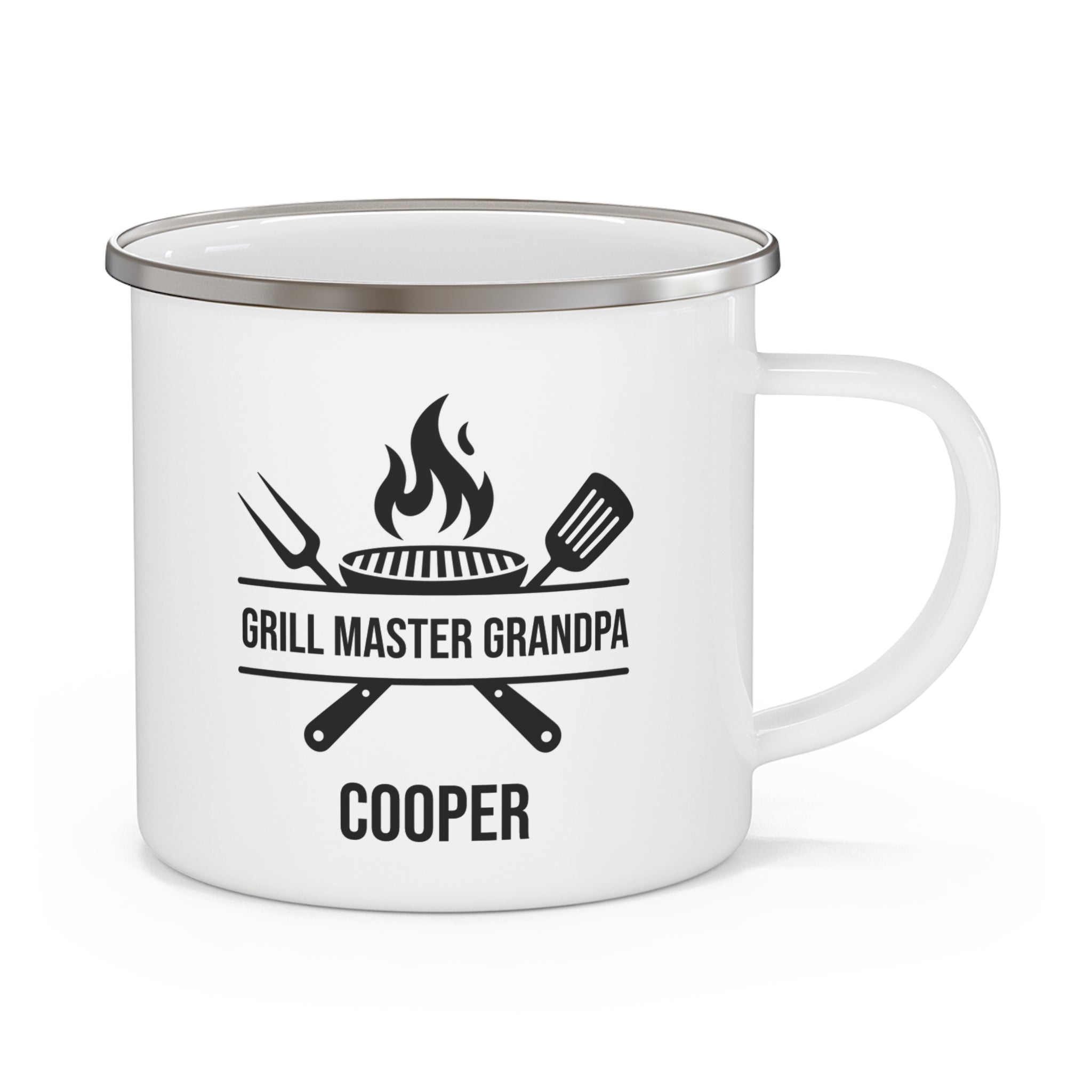 Grill Master Grandpa personalized white enamel mug with BBQ tools design