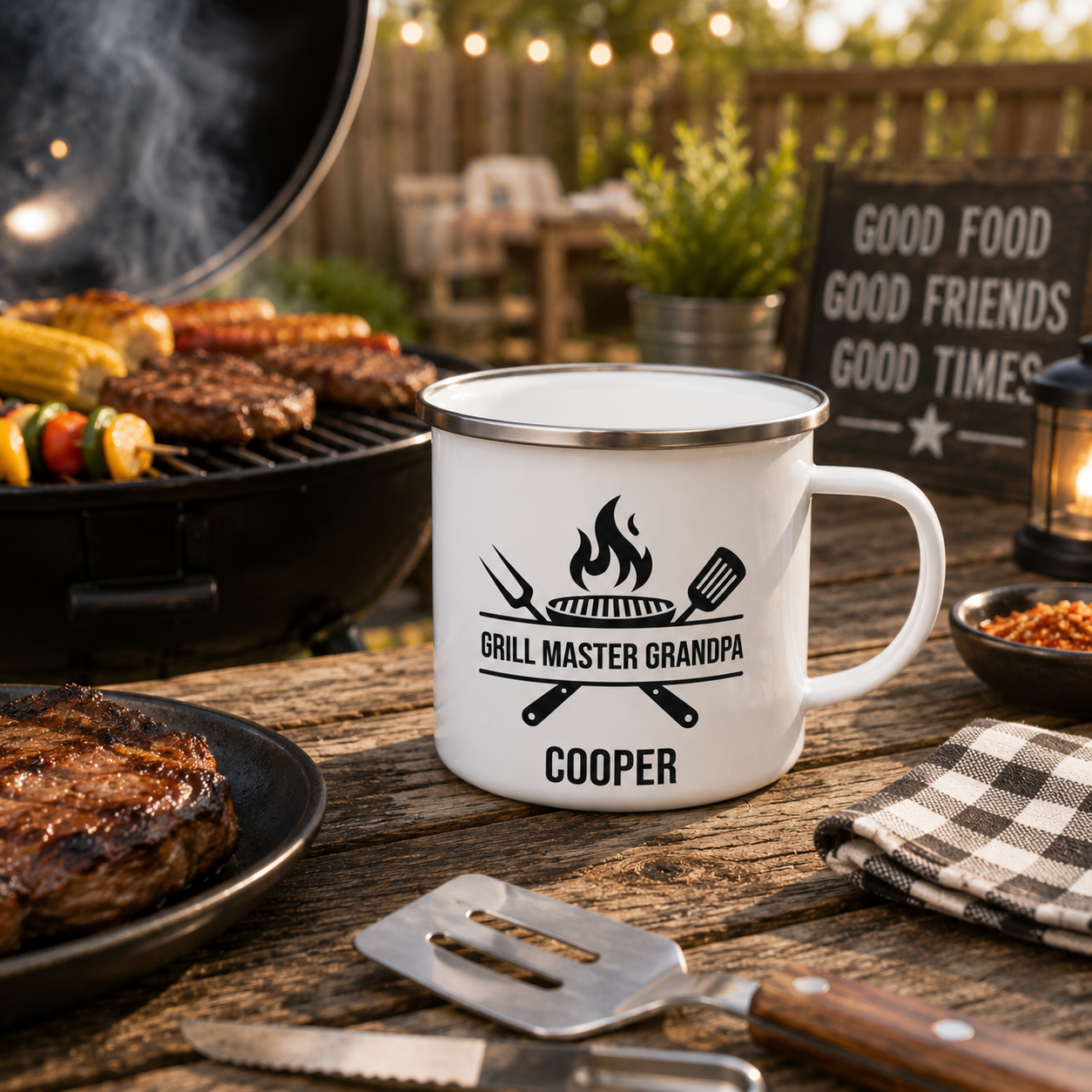 Grill Master Grandpa enamel mug mockup showing design placement