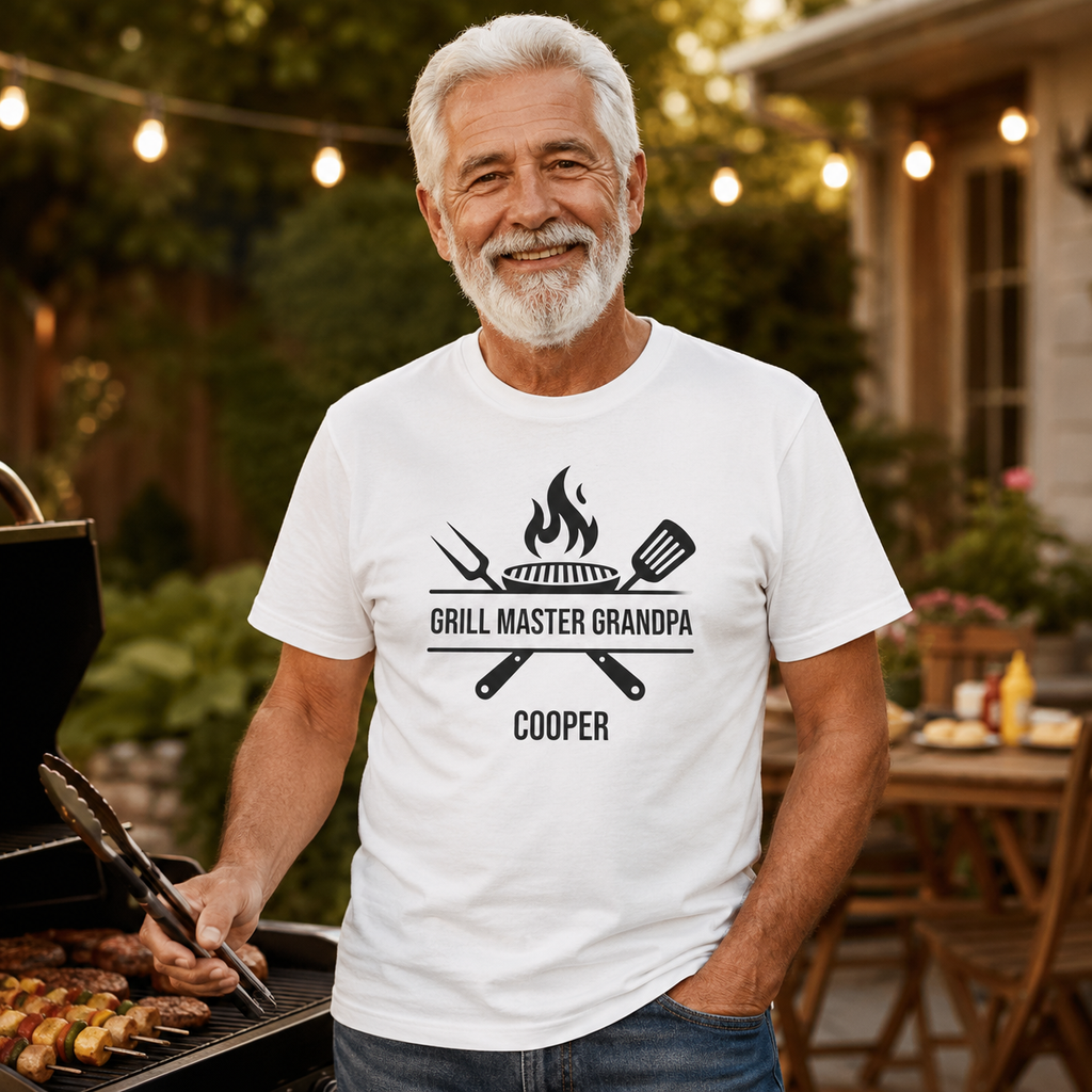 Back view of Grill Master Grandpa personalized white t-shirt