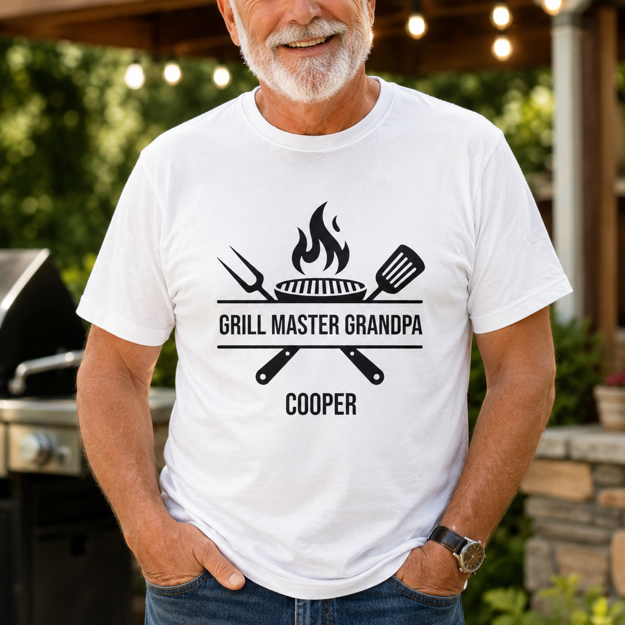 Close-up of flame and grill tools graphic with Grandpa's personalized name print