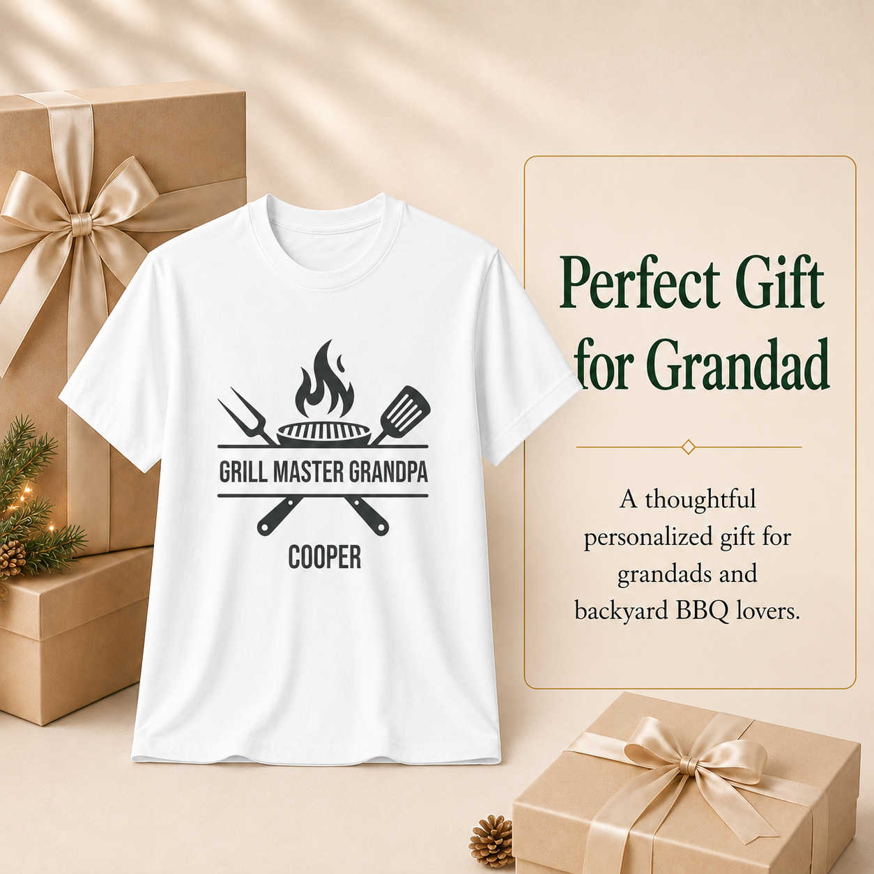 Folded Grill Master Grandpa personalized t-shirt showing size and fit