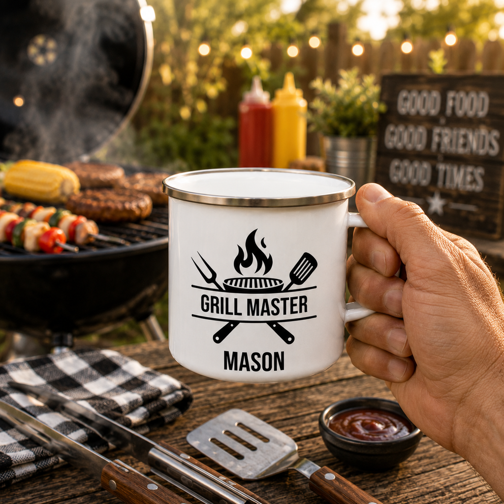 Personalized name customization preview on the Grill Master mug