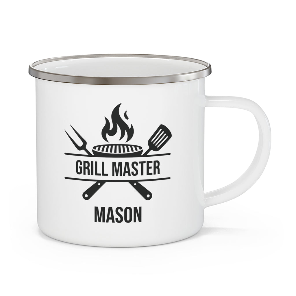 Grill Master personalized white enamel mug with BBQ tools design