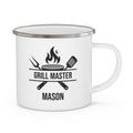 Grill Master personalized white enamel mug with BBQ tools design