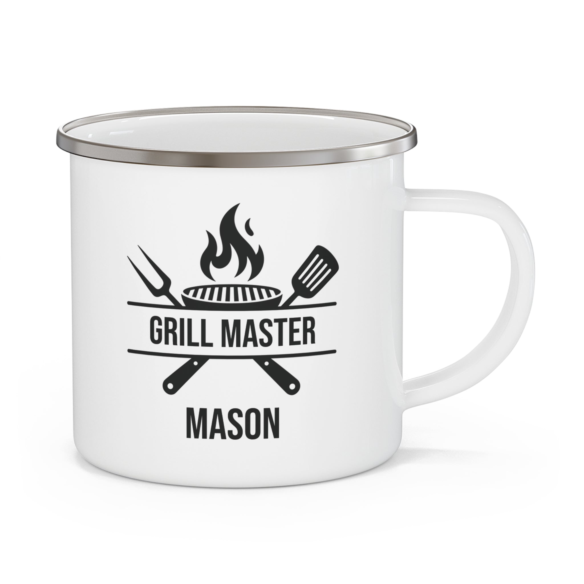 Grill Master personalized white enamel mug with BBQ tools design