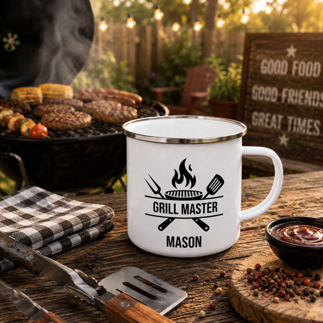 Grill Master enamel mug mockup showing design placement