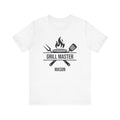 Grill Master personalized white t-shirt with flame and BBQ tools graphic