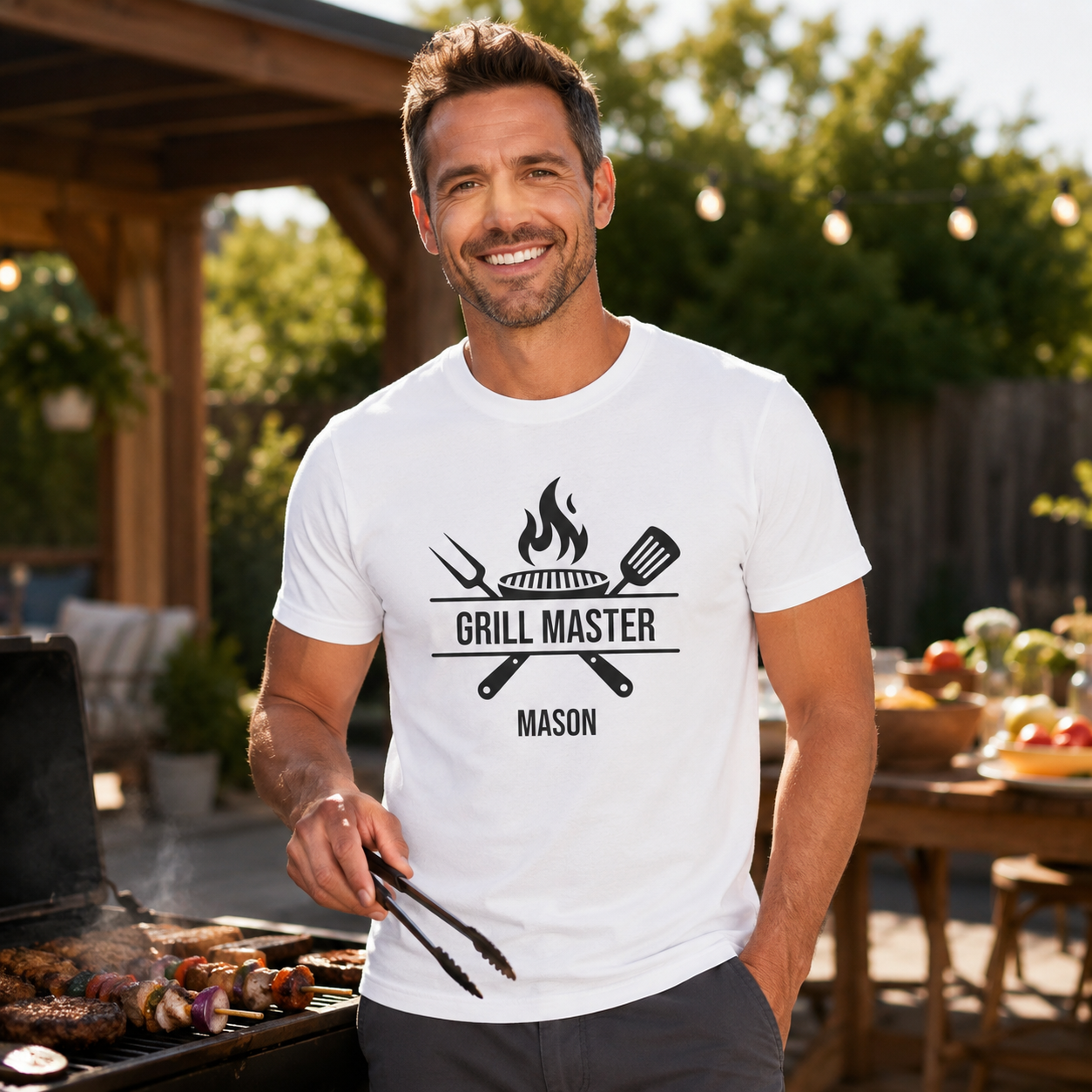 Back view of Grill Master personalized white t-shirt