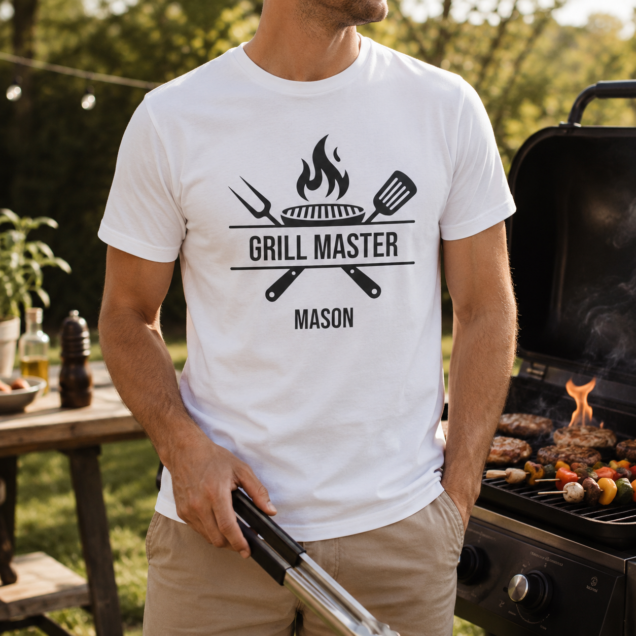 Close-up of flame and grill tools graphic with personalized name print