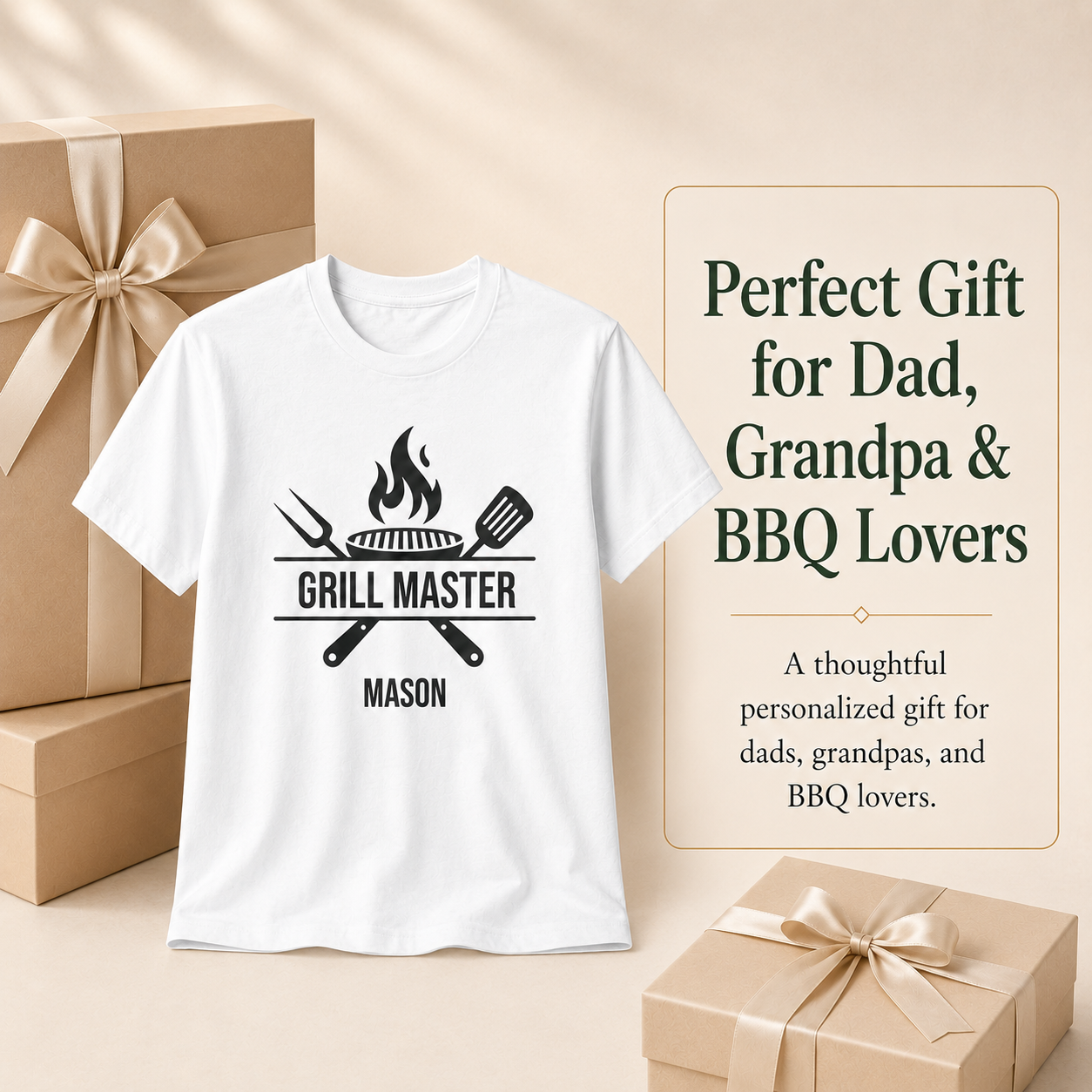 Folded Grill Master personalized t-shirt showing size and fit