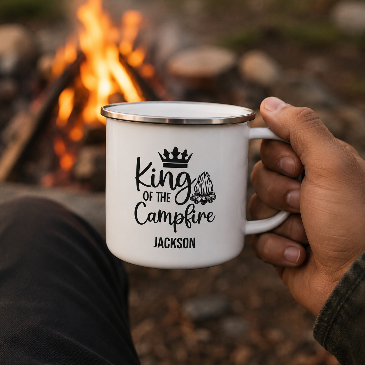 Personalized name customization preview on the King of the Campfire camping mug