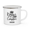 King of the Campfire personalized white enamel camping mug with crown and campfire design