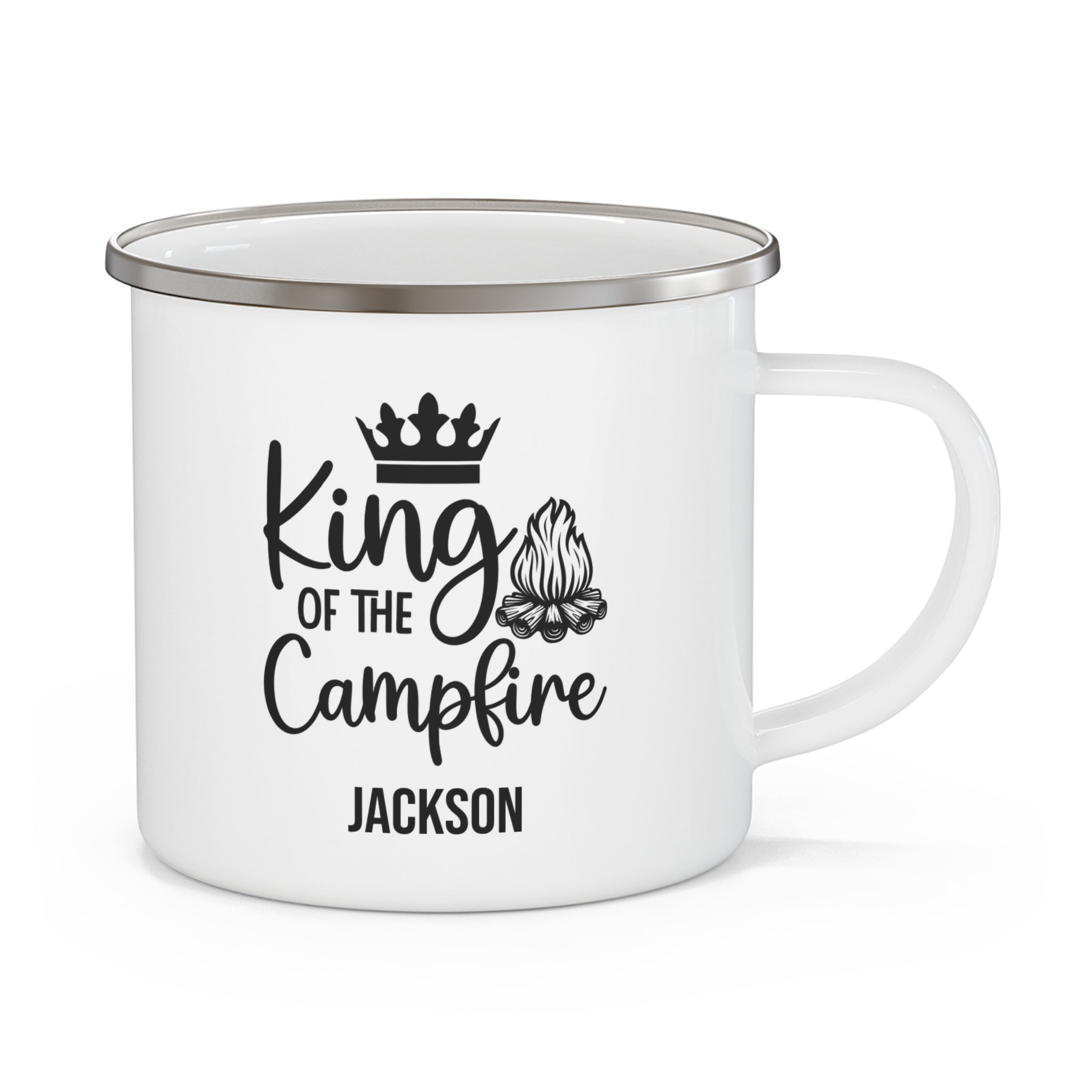 King of the Campfire personalized white enamel camping mug with crown and campfire design