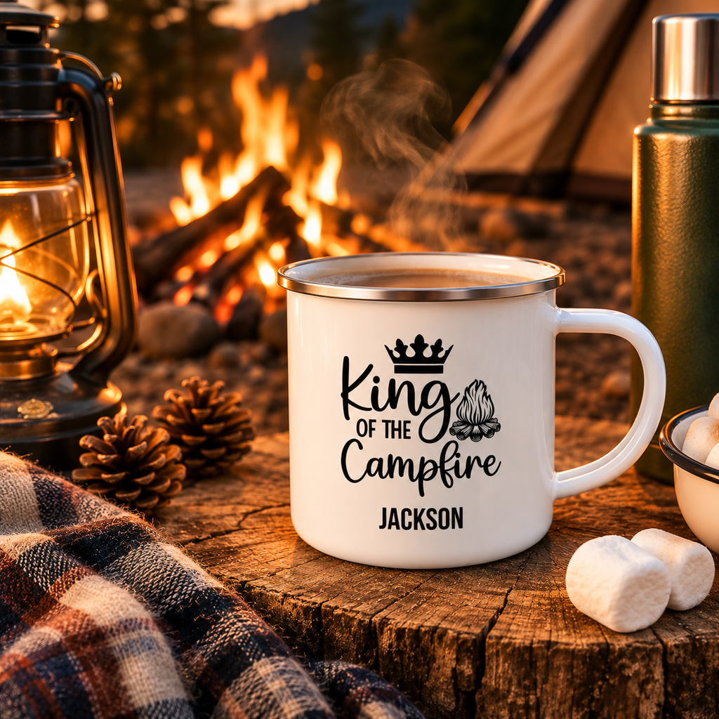 King of the Campfire enamel mug mockup showing design placement