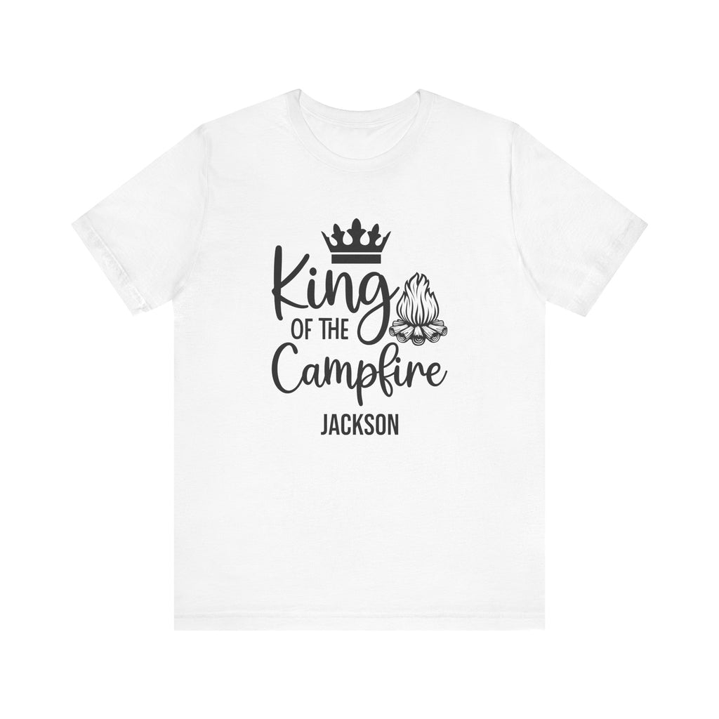 King of the Campfire personalized white t-shirt with crown and campfire graphic