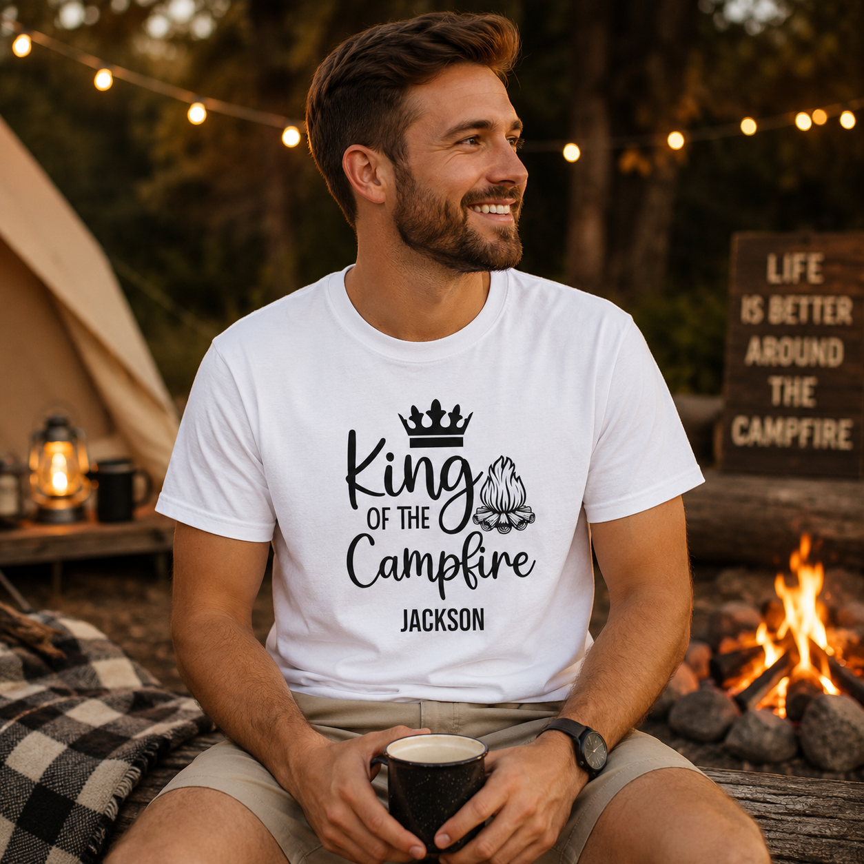 Back view of King of the Campfire personalized white t-shirt