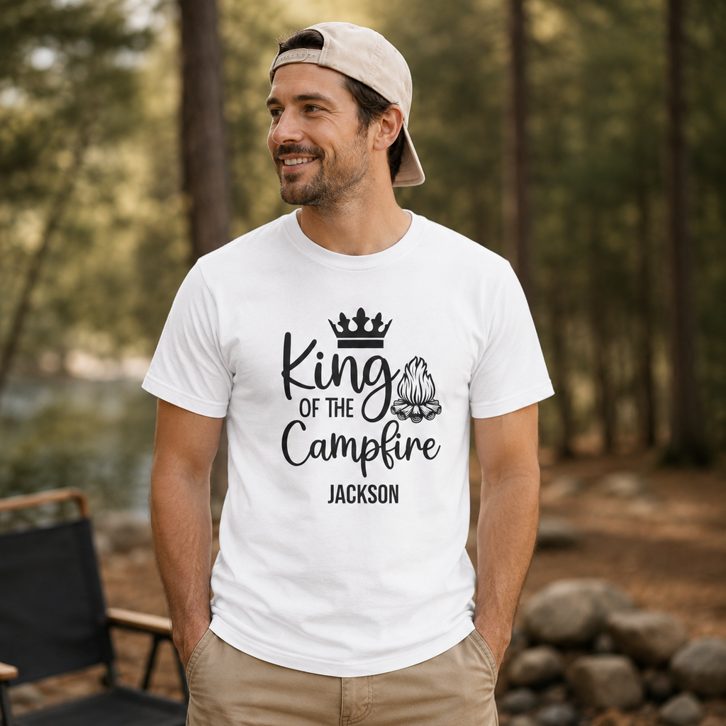 Close-up of crown and campfire graphic with personalized name print