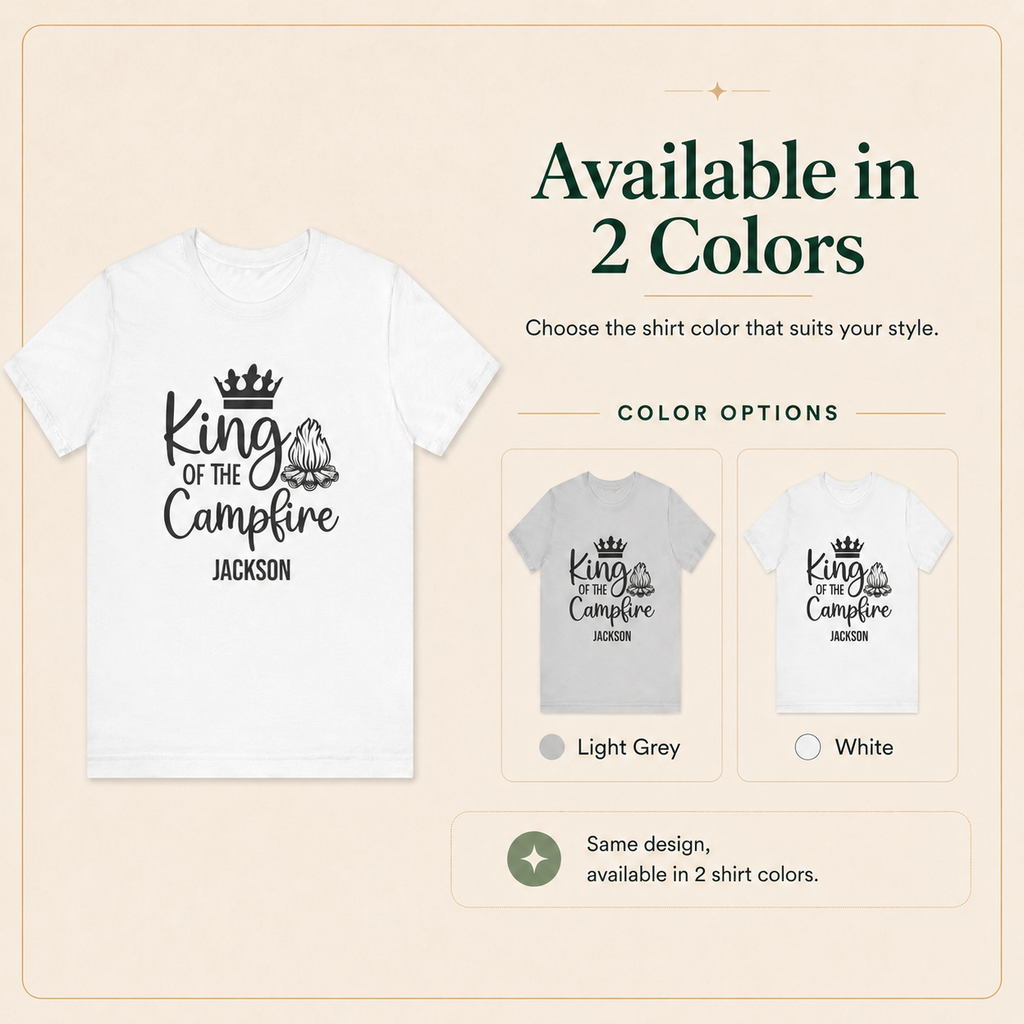 Model wearing King of the Campfire personalized t-shirt outdoors by a fire