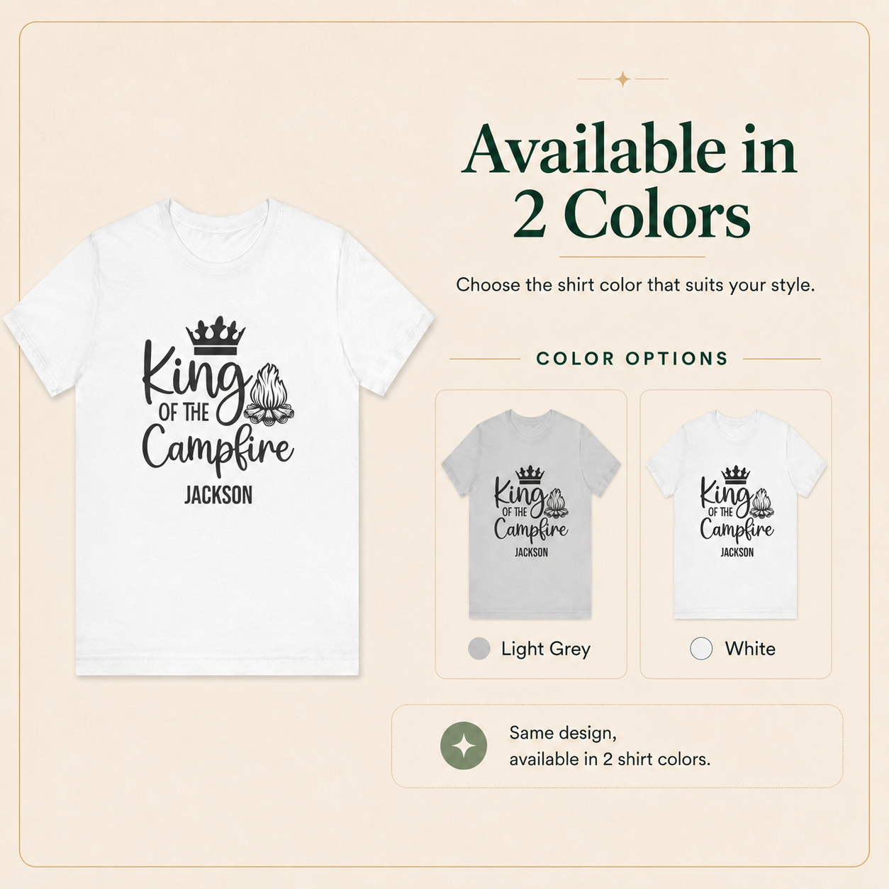 Model wearing King of the Campfire personalized t-shirt outdoors by a fire