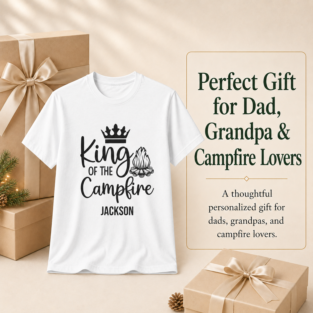 Folded King of the Campfire personalized t-shirt showing size and fit